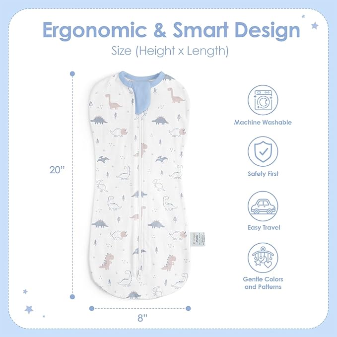 Baby Swaddle 0-2 Months, Cotton Arm-In Zipper Sleep Sack, Wearable Blankets Wrap for Newborn Infant Boys (Dinosaur, Pack of 1)