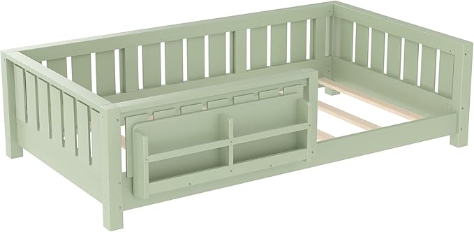 Bellemave Twin Floor Bed with Slats and Safety Guardrail, Twin Size Montessori Floor Bed with Fence and Built-in Bookshelf, Easy Assemble Montessori Beds for Kids, Girls, Boys, Green