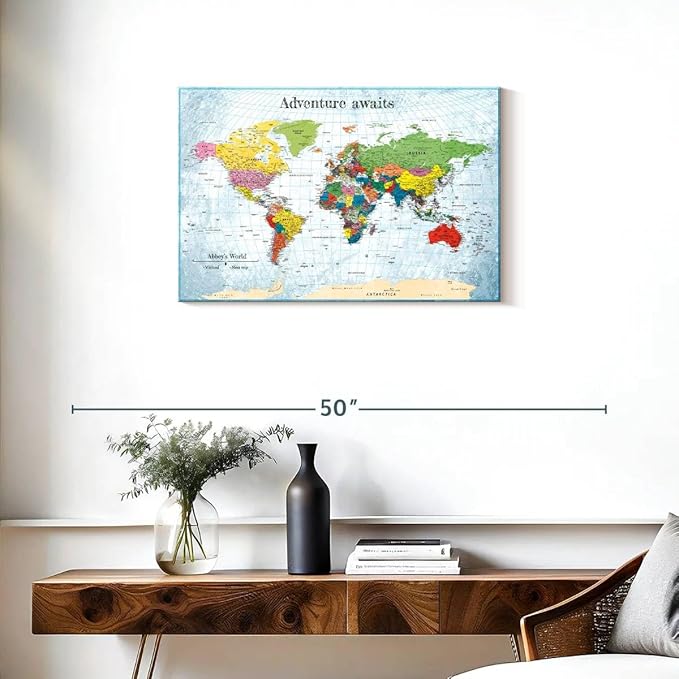 ElephantStock - Personalized Adventure Awaits IV Push Pin World Map Wall Art - Horizontal Canvas Wall Art - Living Room Wall Decor - Digital Art Map Canvas Art - Blue And Green Decor - 30" x 20"