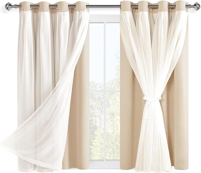 Hiasan Blackout Curtains with Sheer Overlay, Grommet Thermal Insulated Privacy Mix and Match Double Layer Window Curtains for Girls Bedroom, Living Room, 2 Drape Panels with Tiebacks, Beige, 52W X 54L