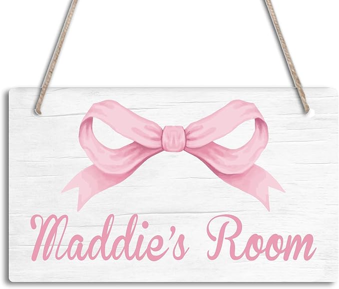 Personalized Pink Bow Kids Room Door Sign Custom Name Boys Girls Bedroom Decor Toddler Baby Nursery Wood Art Wall Plaque 12x6 Inches