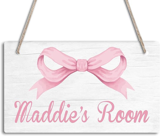 Personalized Pink Bow Kids Room Door Sign Custom Name Boys Girls Bedroom Decor Toddler Baby Nursery Wood Art Wall Plaque 12x6 Inches