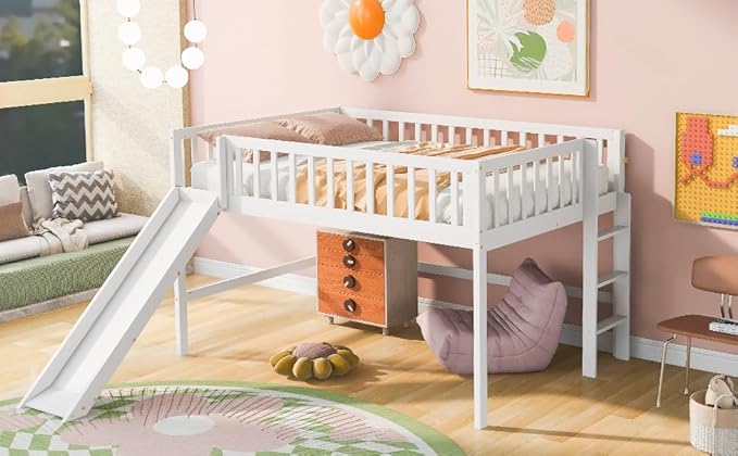 Flieks Full Size Low Loft Bed Frame for Boys Girls Kids Adults Toddler for Boys Girls Kids Adults Toddler with Ladder and Slide,White