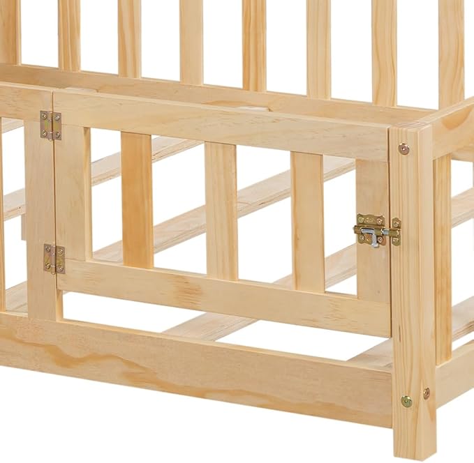 Bellemave Full Size Floor Bed for Kids, Girls, Boys, Solid Wood Montessori Bed with Storage headboard, Door, Storage,Natural