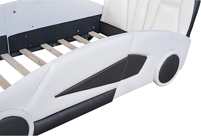 Ball & Cast Twin Size Race Car Shaped Platform Bed with Wheels,Wood Low Floor Bed Frame w/Rails & Headboard,Slat Support,No Box Spring Needed,for Apartment,Dorm,White