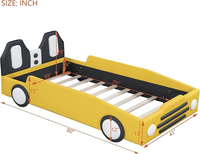 Twin Size Race Car Bed for Kids, PU Car-Shaped Bedframe with Wheels and Side Rails for Boys,Girls, Wood Slat Support, No Box Spring Needed,Yellow