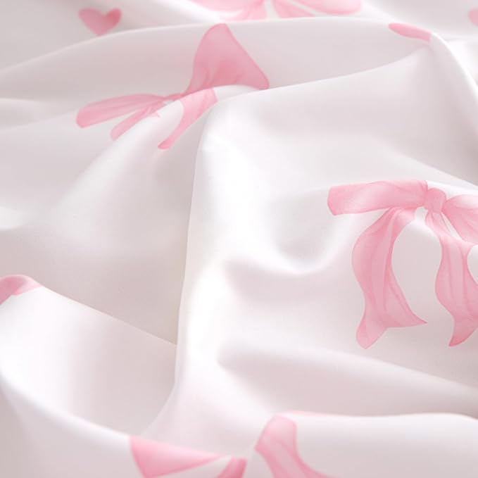 Nayoroom Pink Bow Comforter Set Queen Size Cute Heart Comforter 3 Pieces Soft Lightweight Girls Coquette Dorm Bedding Set for All Seasons