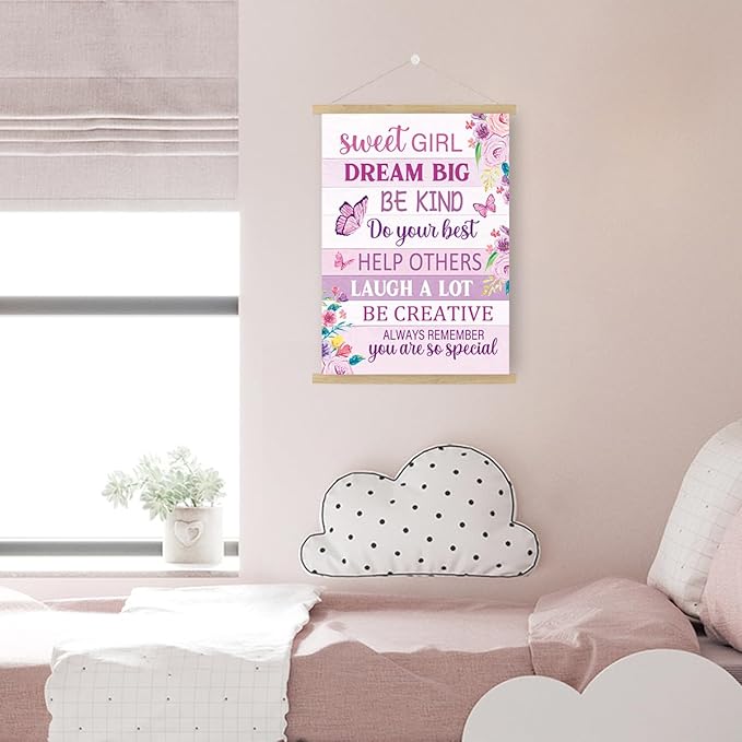 Qswo Positive Affirmations Wall Decor for Girls,Sweet Girl Dream Big Pink Wall Art Poster Hanger Frame,Inspirational Hanging Canvas Wall Decor for Girls Room Dorm Nursery