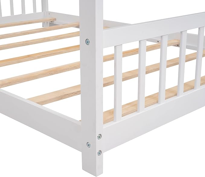 Ball & Cast Full Size Floor Bed,Low to Ground Design Montessori Bed with Roof,Toddler House Bed Frame W/Slats,No Box Spring Needed,for Girls Boys,White