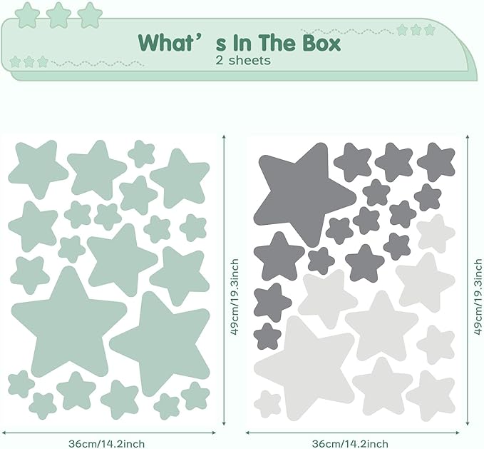 Stars Wall Stickers Removable, Vinyl Stars Wall Decals Peel and Stick, Green and Grey Tone Stars Wall Stickers for Living Room Decoration