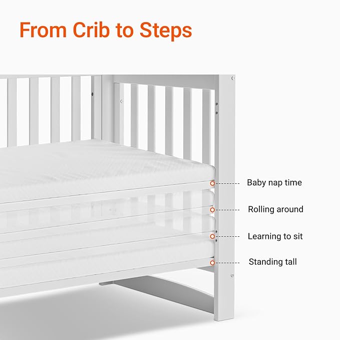 MAMAZING EvoNest Baby Crib, 11 in 1 Convertible Mini Crib with Wheels, 100% New Zealand Wood Growing Bed, 4 Adjustable Mattress Height, White