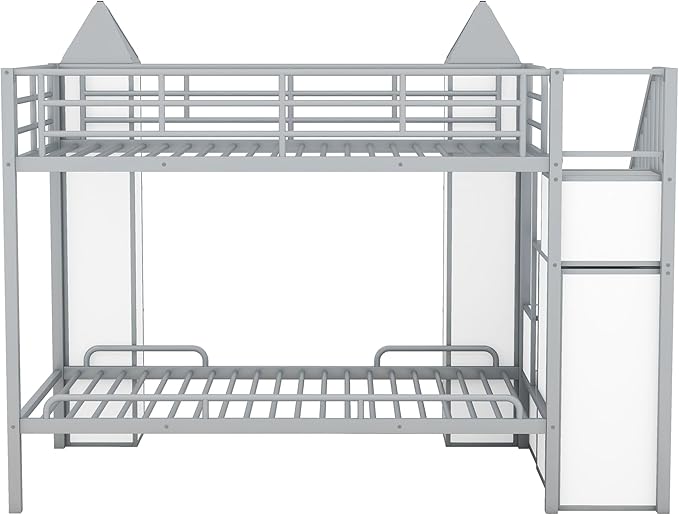 Twin Over Twin Castle-Shaped Bunk Bed with Wardrobe and Multiple Storage, Metal Bunk Bed with Storage Staircase and Safety Guardrail for Kids Teens Boys Girls Bedroom (White+Gray)