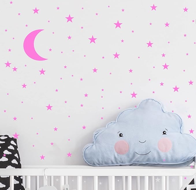 Moon and Stars Wall Decal Vinyl Sticker for Kids Boy Girls Baby Room Decoration Good Night Nursery Wall Decor Home House Bedroom Design YMX16 (Pink)