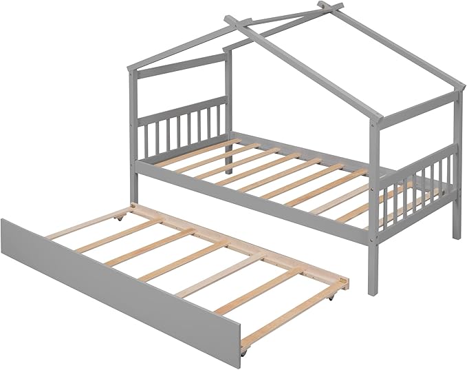 Merax Twin Size Wooden House Bed with Trundle, Wood Bed Frame with Roof for Kids, Teens, Boys or Girls, Grey