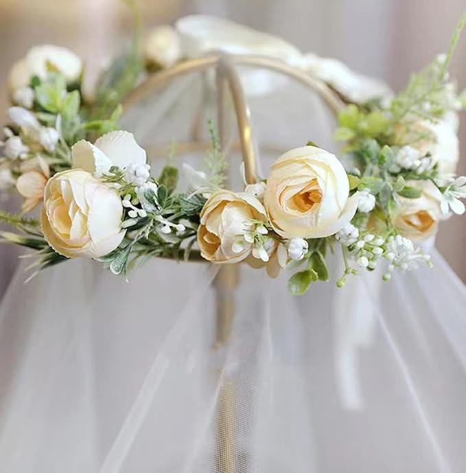 DreamLily Girls Camellias Flower Crown Birthday Photo Pops Hair Wreath Wedding Festival Floral Headpiece XM11 (A-Champagne)