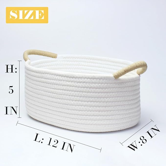 Yimi's Dream Gift Baskets Empty, Small Basket for Organizing, White Cotton Rope Basket with Handle for Decor, Baby Cat Dog Toy (Oval, 12"x 8"x 5")
