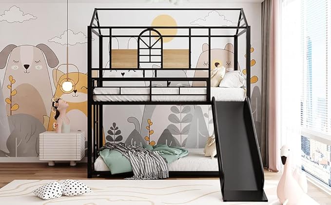 MERITLINE Metal Bunk Bed Twin Over Twin Bunk Bed Frame with Slide,Twin Over House Bed with Guardrails