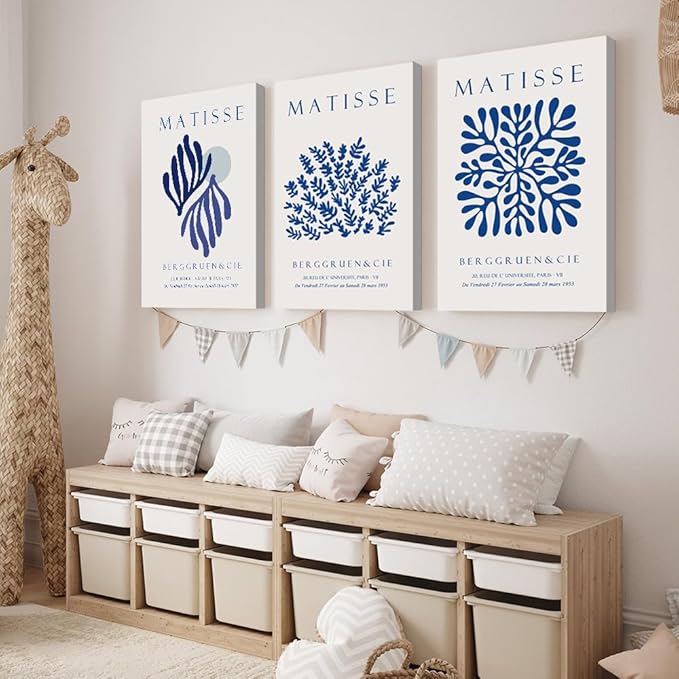 LUHDFYS Blue Matisse Canvas Wall Art Print,Abstract Matisse Wall Art Exhibition Posters Set of 3,Navy Blue Canvas Prints,Landscape Aesthetic Decor for Bedroom Bathroom Living Room Wrapped Canvas