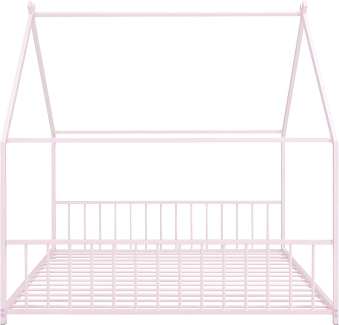 Full Size House Shaped Montessori Platform Beds, Wood Floor Bed Frame with Roof and Fence Deisgn, Kids Double Toddler Bed for Children Boys Girls, Easy Assemble, No Box Spring Needed, Pink