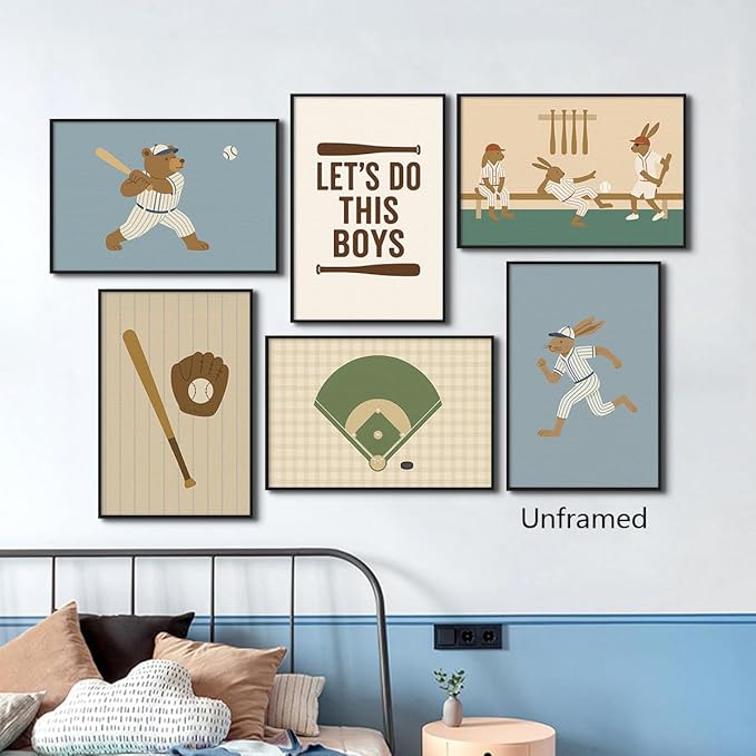 Baseball Poster Canvas, Baby Boy Sports Nursery Wall Art, Cute Animal Rabbit Bear Athletes Pictures, Let's Do This Boys Charming Quote Print, Kids Bedroom Baseball Field Art 12x16in Unframed