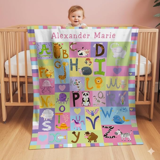 Personalized Baby Blanket with Name, Custom Name Blanket for Kids Soft Flanne Blankets in Easter Personalized Baby Gifts for Infant Newborn Shower (Rainbow-1)