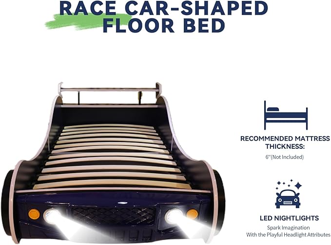 HMFULE Twin Bed Frames for Kids, Wood Race Car-Shaped Bed Frame Platform with Wheels LED Lights & Slat Support for Toddler, Teens, Boys or Girls, No Box Spring Needed (Blue)