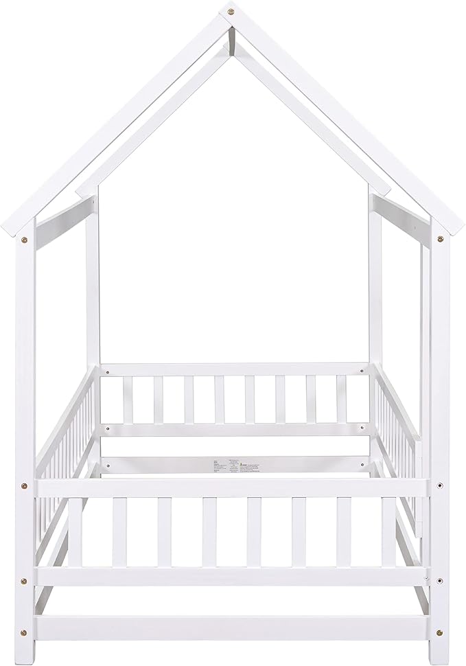 Bellemave Twin Size House Floor Bed,Wooden Montessori Bed with Fence and Roof for Kids,Twin Bed Frame for Boys,Girls(Twin,White)