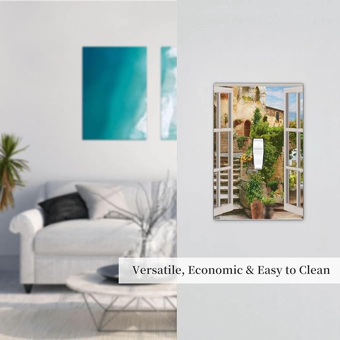Mediterranean Greece Scene Flowers Single Toggle Wall Plate Covers 1 Gang Light Switch Cover Italian Town from Another Window Faceplate Decorative Electrical for Bathroom Kitchen Home Decor
