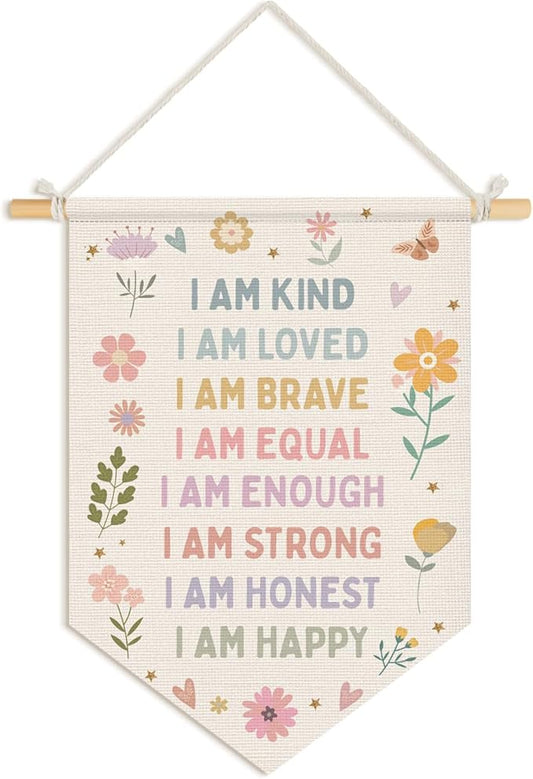 Wheatwin Positive Affirmations Wall Decor, Girl Nursery Decor, Pastel Floral Wall Hanging Pennant Flag Banner for Toddler Baby Girls Room Bedroom Dorm Playroom 15x11 Inch