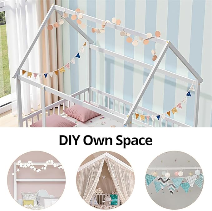 LLS Full Size Floor Bed Frame with Roof Fence, Wooden Montessori House Bed for Boys Girls Bedroom, White Without Slats