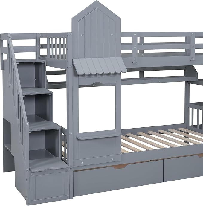 MERITLINE Twin Over Twin Castle Bunk Bed with Slide,Stairs and Drawers,Solid Wood Floor House Princess Bunk Bed with Storage Shelves (Grey)