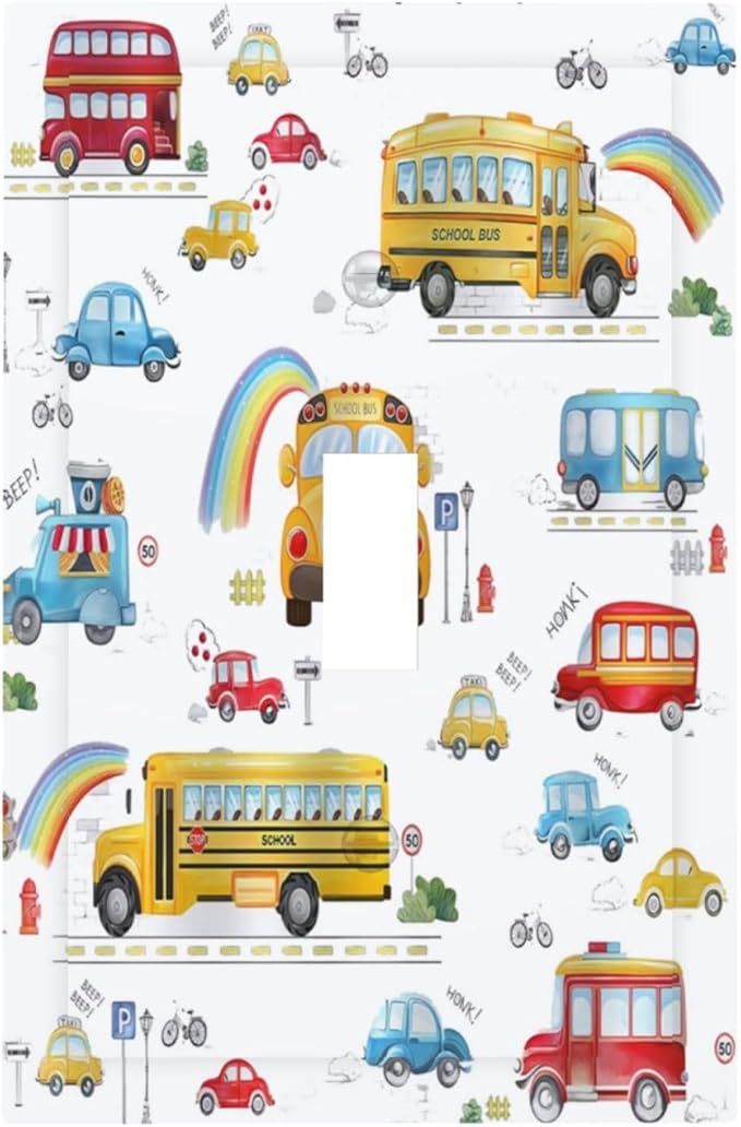 Kids Bus Taxi Truck 1 Gang Single Toggle Light Switch Covers Decorative Wall Plate Switchplate Electrical Faceplate for Nursery Kidsroom Bedroom Decor