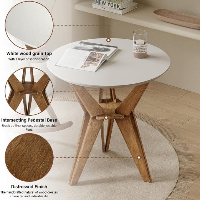 COZAYH Farmhouse End Table Distressed Wood Side Table with Crisscross Legs and X Legs, Accent Table with White Top and Tripod Base for Living Room, Office, Boho Decor, Modern Rustic, Nature, Round
