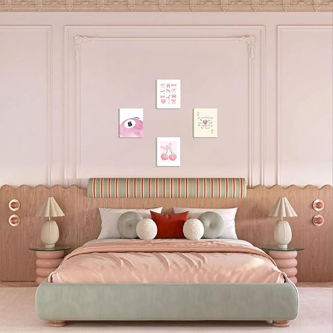 Coquette Y2K Lucky Wall Art Set of 4, Pink Preppy Aesthetic Canvas Prints, Cherry Bows 8 Ball Ace Card Wall Decor for Girls Bedroom, Dorm, Vanity, or Home Decor 8x10in Framed