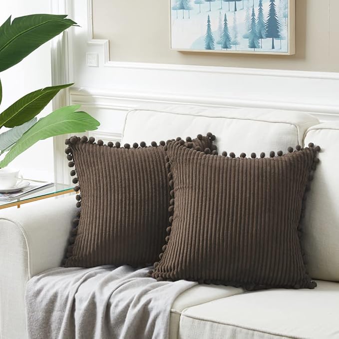 Fancy Homi 2 Packs Dark Brown 26x26 Pillow Covers, Euro Pillow Covers with Pom-poms, Big Throw Pillow Covers for Couch Bedroom 66x66 cm