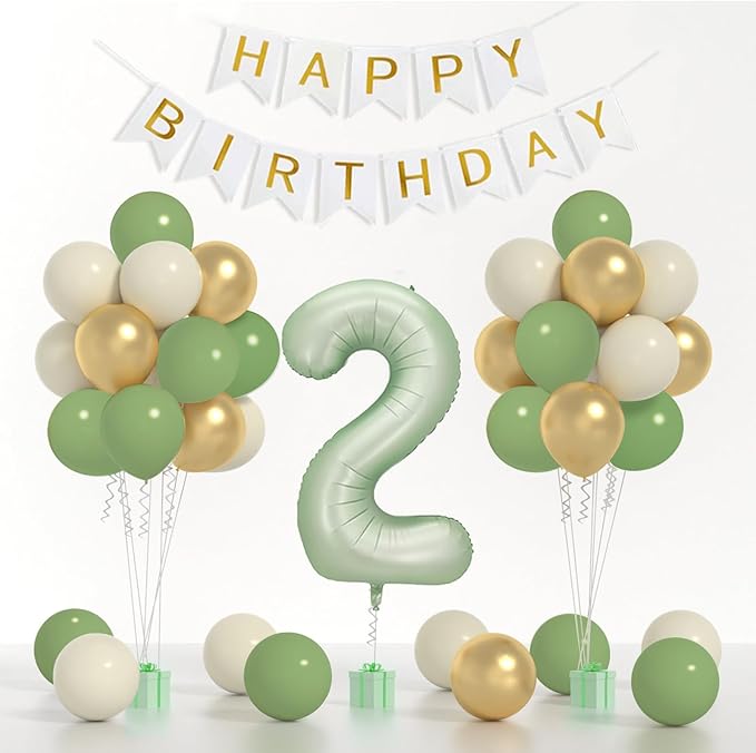 Sage 2nd Birthday Decorations For Boy -12 Inch Sage Balloons, 40 Inch Sage 2 Balloon, Happy Birthday Banner for Two Year Old BD Party Decorations