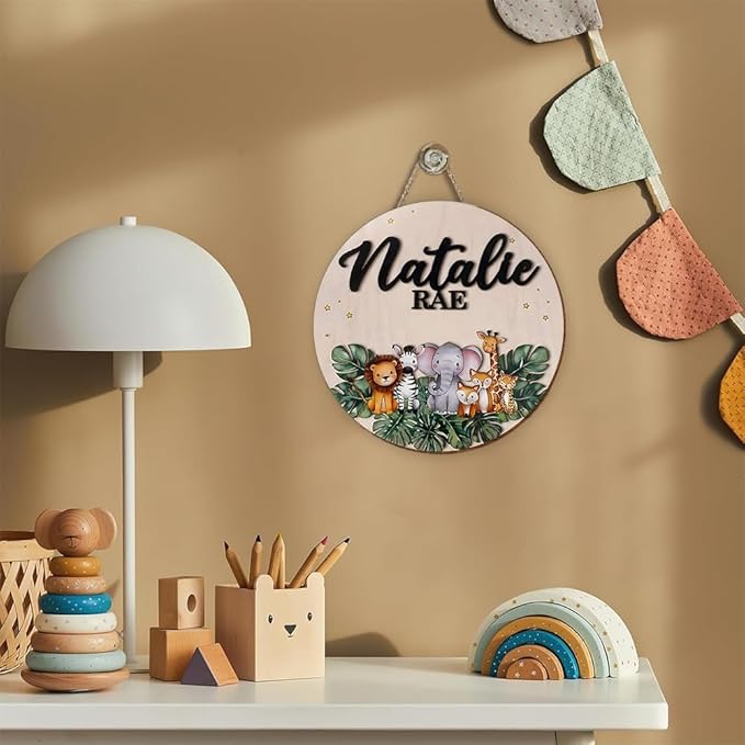 Personalized Jungle Animal Wooden Name Sign | Custom Door Hanger | Room Wall Art for Nursery Decor, Bedroom, and Playroom Wall Hanging