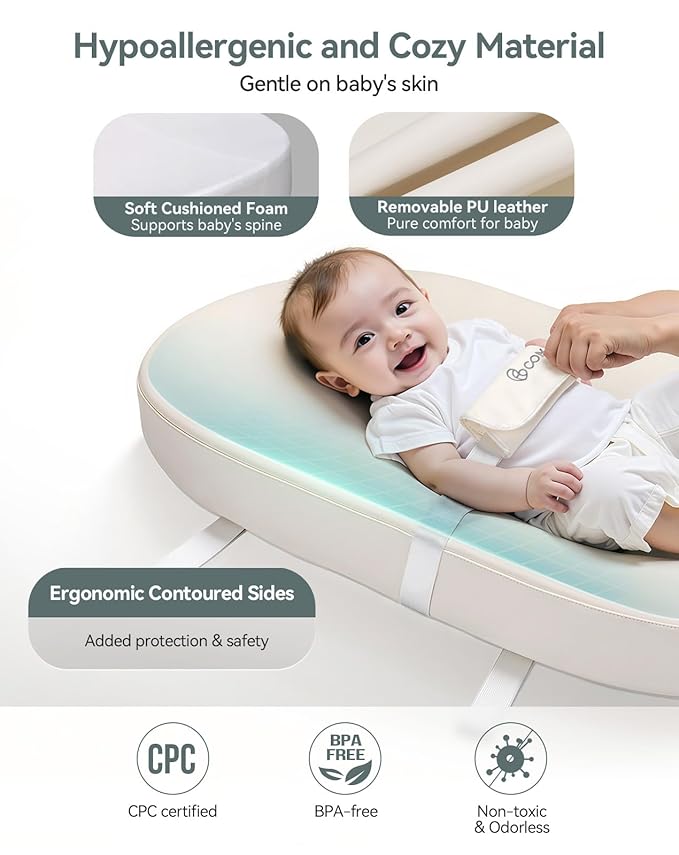 COMOMY Baby Changing Pad with Wipeable & Waterproof PU Cover, Contoured Diaper Changing Pad for Dresser with Non-Slip Safety Belt, Portable and Lightweight, Large Cushioned Foam, Beige