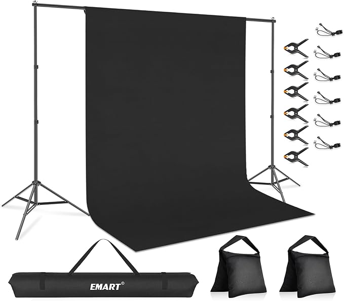 EMART 7 x 10 ft Adjustable Photography Backdrop Stand Kit with 9 x 6ft Black Curtain and Portable Large Format Screen with Polyester Material for Party, Live Game, Interviews, YouTube, TIK Tok