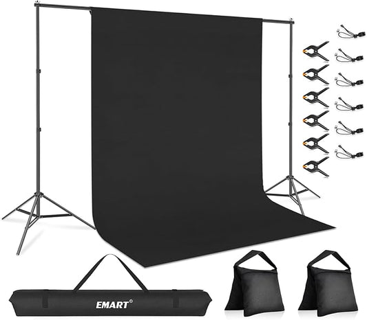 EMART 7 x 10 ft Adjustable Photography Backdrop Stand Kit with 9 x 6ft Black Curtain and Portable Large Format Screen with Polyester Material for Party, Live Game, Interviews, YouTube, TIK Tok