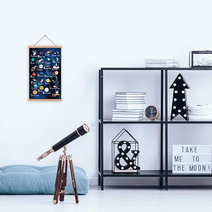 KAIRNE Outer Space Art Print With Wood Magnetic Poster Hanger Frame, Astronomy Alphabet Letters Canvas Wall Art,Abstract Universe Educational Poster,40X64CM Hanging Painting For Home Classroom Decor