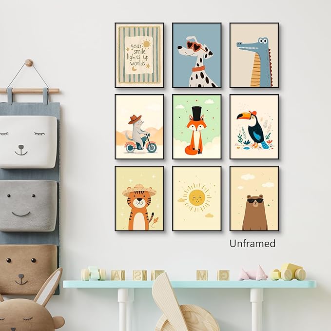 9 Pieces Nursery Animals Canvas Wall Art, Kids Room Fashion Sunglasses Dog and Bear Poster, Cute Crocodile Fox Cat and Lion Picture, Warming Sunshine Print for Baby Bedroom Playroom 12x16in Unframed