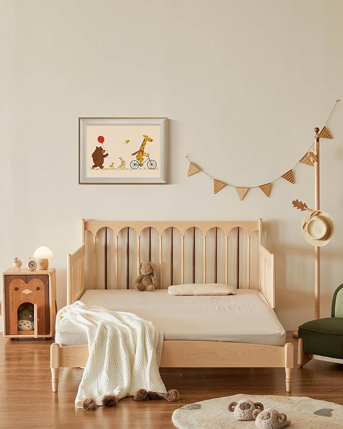 ARPEOTCY Framed Canvas Wall Art, 12x16 Inch Cute Animal Parade Print, Giraffe on Bicycle with Bear, Bunny, and Birds, Whimsical Nursery Wall Decor for Kids Room, Playroom, or Baby Bedroom