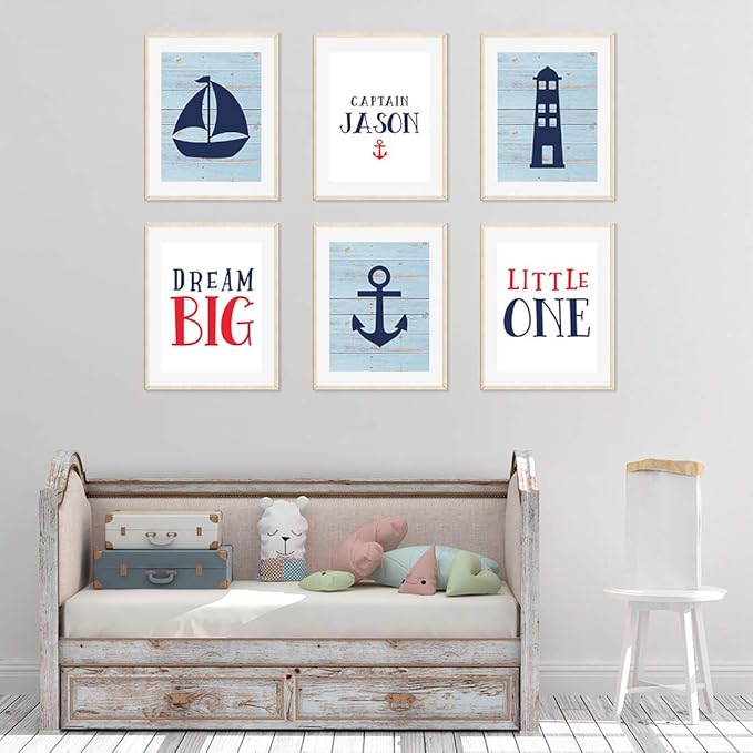 Andaz Press Personalized Ocean Nautical Sailor Theme Nursery Kids Bedroom Hanging Wall Art Decor, 8.5x11-inch, Rustic Blue Wood, Boat, Anchor, 6-Pack, Custom Name Unframed Room Poster
