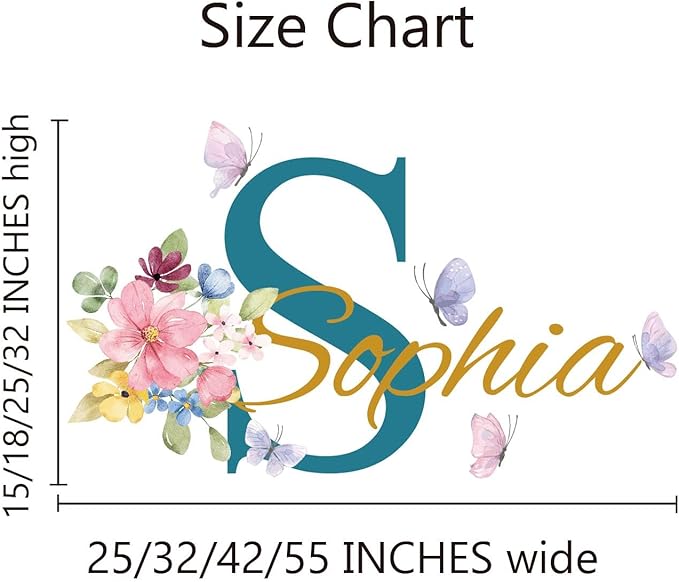 Butterfly Name Wall Sticker, Flower Custom Name Initial Name Wall Decals for Girls Room and Nursery