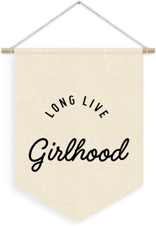 Girls Room Decor, Long Live Girlhood Linen Canvas Banner, Minimalist Girl Nursery Wall Hanging Pennant Flag Banner for Girl Toddler Kids Room Bedroom Dorm Decor, 15x11in