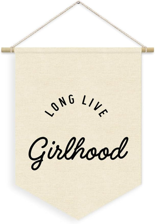 Girls Room Decor, Long Live Girlhood Linen Canvas Banner, Minimalist Girl Nursery Wall Hanging Pennant Flag Banner for Girl Toddler Kids Room Bedroom Dorm Decor, 15x11in