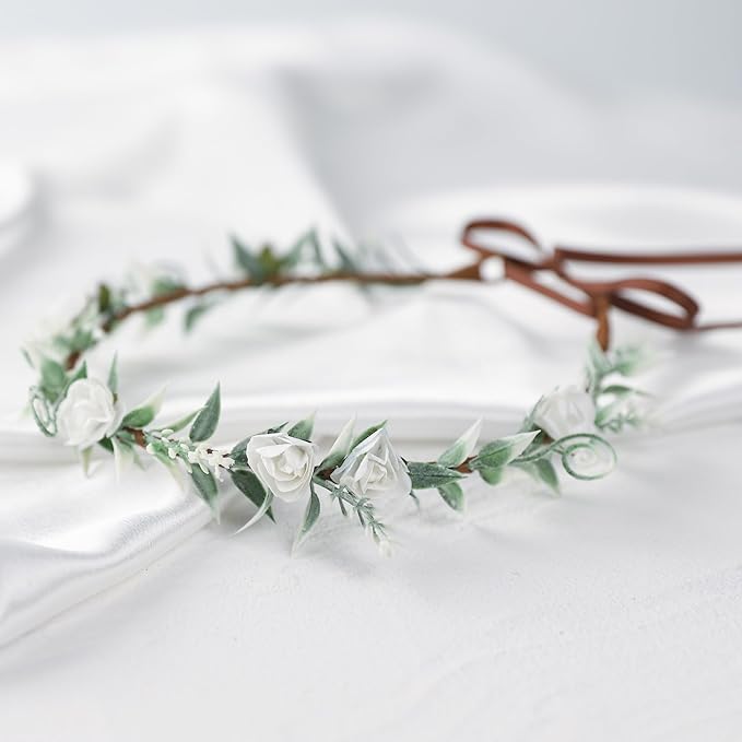 Women Flower Crowns Fairy Wreath - White Headdress Renaissance Accessories Headpiece for Girls Lady in Bridal Wedding Halloween Party Festival Gifts Photography Rose