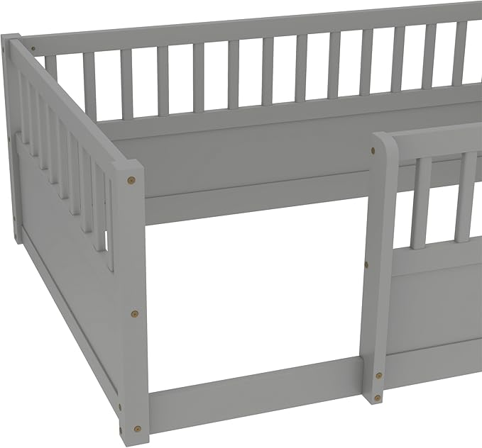 Harper & Bright Designs Twin Floor Bed for Kids, Wood Floor Beds with High Guardrails, Montessori Bed Twin with Opening Door for Boys, Girls, Kids, Solid Wood Structure, Gray