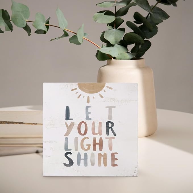 Boho Neutral Baby Nursery Decor - Let Your Light Shine Inspirational Christian Wood Sign, 5x5